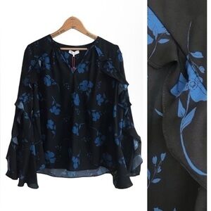Parker Black Blue Floral Print Ruffle Long Sleeve Blouse Small